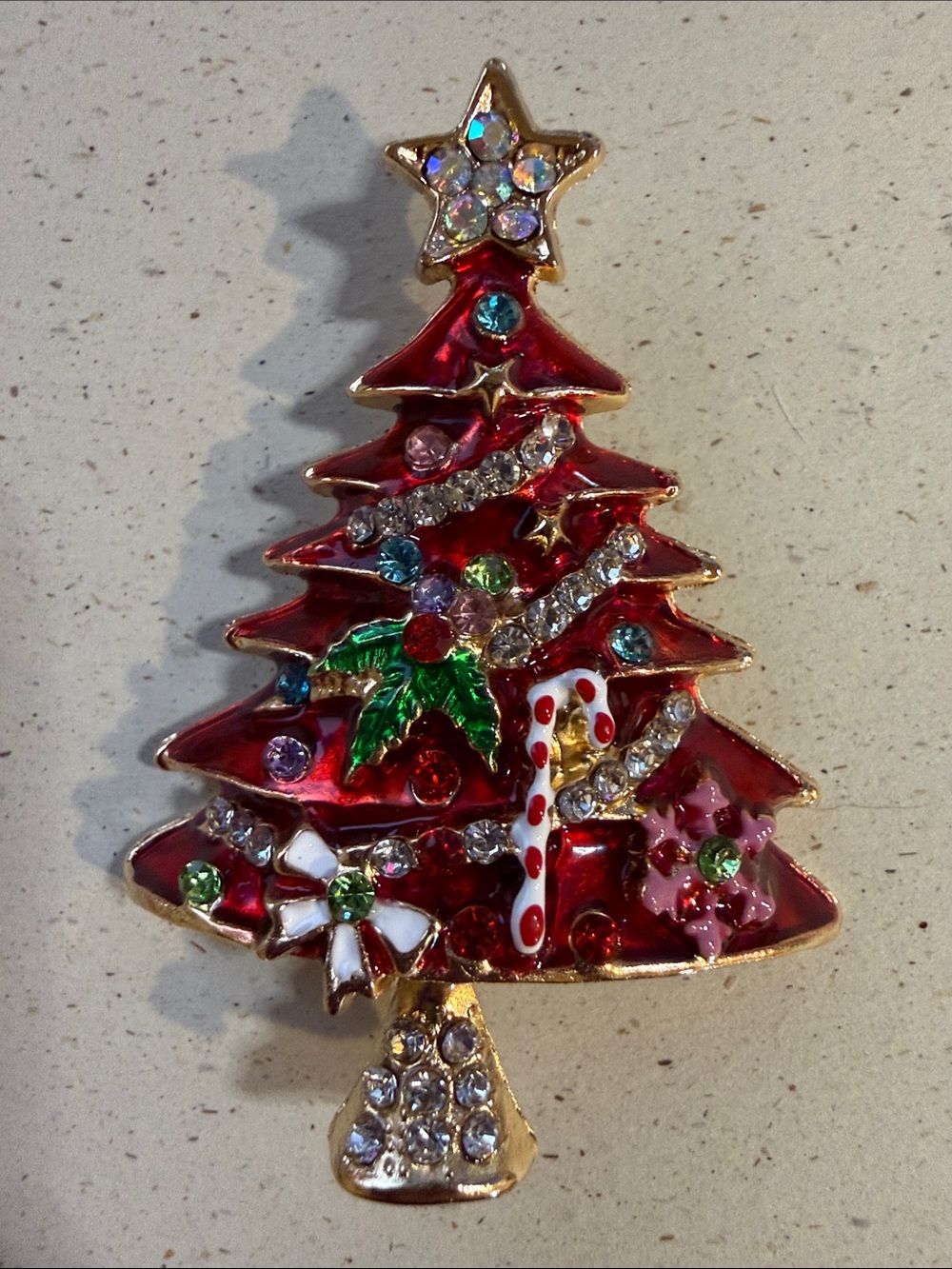 Festive Red Christmas Tree Brooch with Multicolor Accents